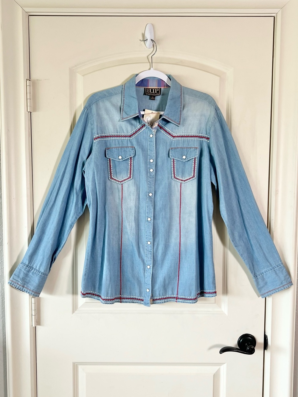 Cowgirl Up Blue Denim Western Pearl Snap Shirt Red Contrast Stitching NWT XL